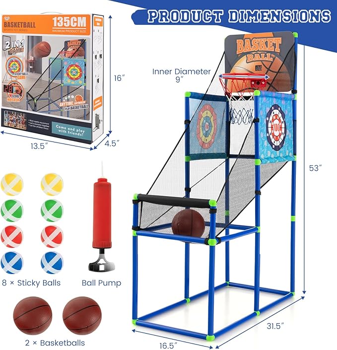 Giantex Kids Basketball Hoop Arcade Game, 2 in 1 Indoor Outdoor Arcade Basketball Game Set w/Electronic Scoreboard, Sound Effect, Ball Pump, 8 Balls, 2 Basketballs, Great Gift for Boys, Girls Ages 3+