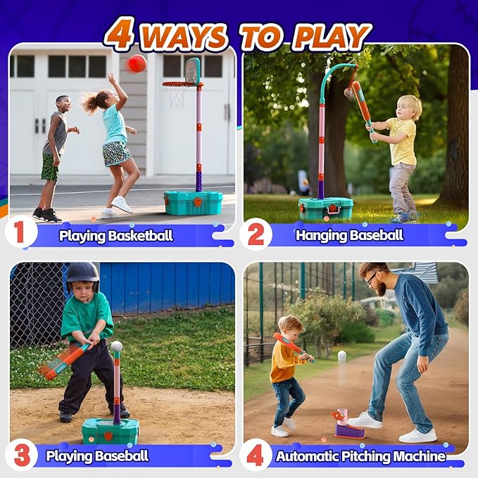 Kids Basketball Hoop and T-Ball Set for Kids 3-5, 4 Adjustable Toddler Basketball Hoop Indoor Outdoor Kids Toys Birthday Gift for Boys Girls