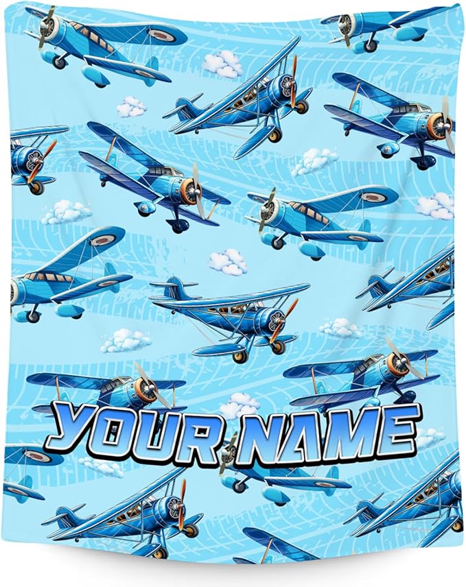 Personalized Blanket for Kids Airplane Gifts for Boys - Custom Soft Warm Fleece Throws with Name for Toddler (4 Sizes)