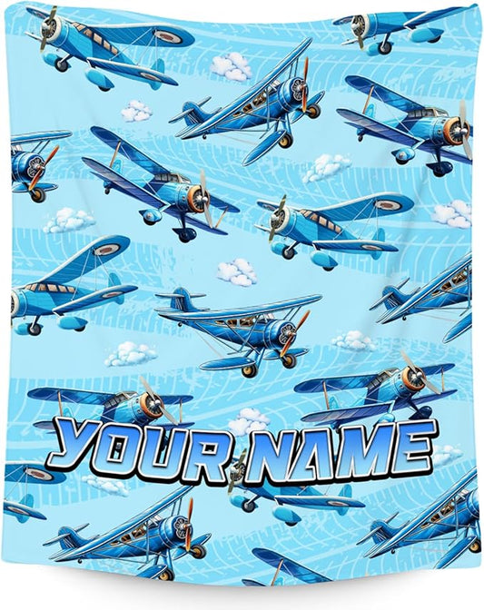 Personalized Blanket for Kids Airplane Gifts for Boys - Custom Soft Warm Fleece Throws with Name for Toddler (4 Sizes)