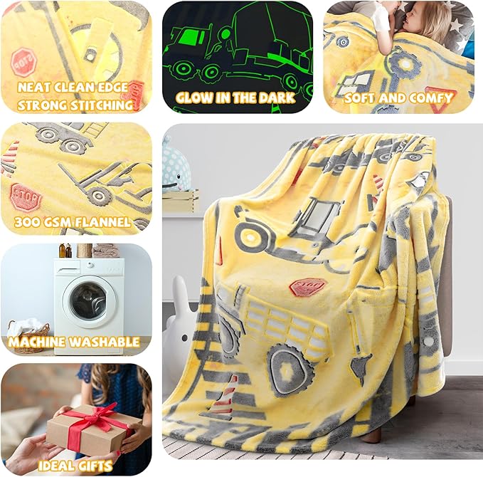 REXEO Tractor Blanket Glow in The Dark Truck Blanket for Kids Cute Soft Excavators Throw for Boys Fleece Construction Toddler Boy Birthday Gifts for Kids