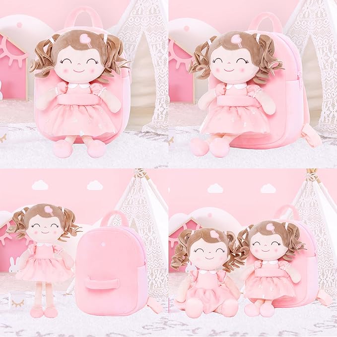 Gloveleya Toddler Backpack Baby Girl Gifts Plush Bag Diaper Bag with Spring Girls Doll Curly Hair Girl Toys with Love Pink