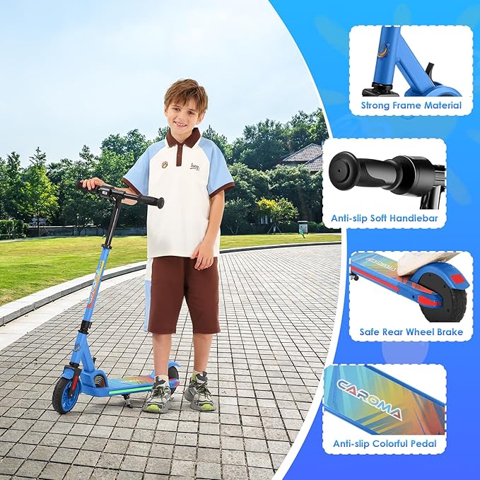 Caroma Electric Scooter for Kids Ages 6-14, 180W/150W Motor & 10 Mph, 85 Mins Ride Time, Adjustable Height & Speed, LED Display & Colorful Lights, Kids Electric Scooter, Best Gifts for Girls and Boy