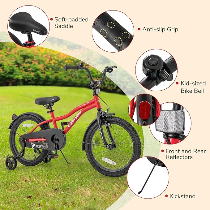 COSTWAY 12/14/16/18 Inch Kids Bike, Children Toddler Bicycle with Training Wheels, Adjustable Seat & Handlebar, Handbrake & Coaster Brake, Reflectors, Bell, Suitable for 3-8 Years Old Boys Girls