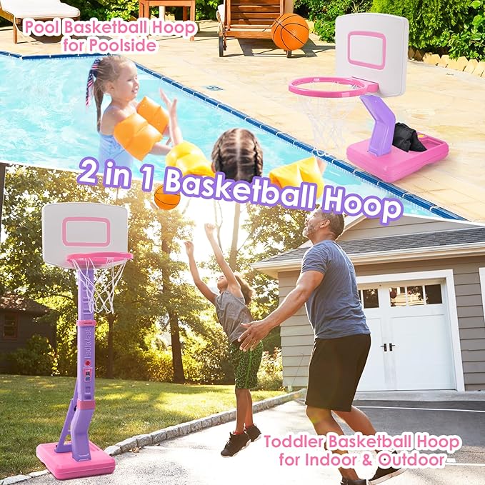 Toddler Pink Basketball Hoop Indoor Set for Age 1-3 2-4 3-5,Adjustable Mini Basketball Hoops for Outdoor Poolside Play,Sport Toys for Little Boys Girls Birthday Gifts