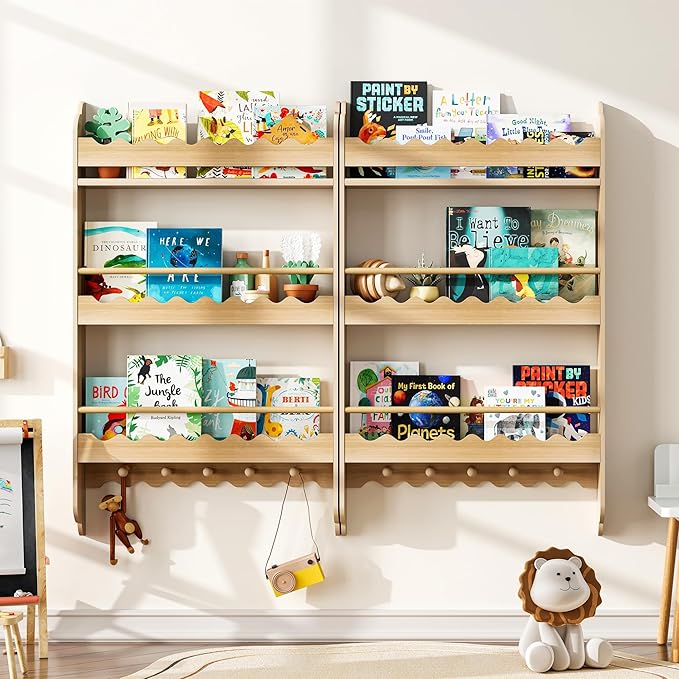 Treocho Kids Bookshelf, 3-Tier Wall Mounted Book Shelf, Kids Bookshelf and Toy Storage for Living Room, Bedroom and Nursery, Natural