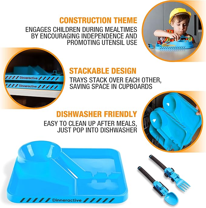 Dinneractive Dining Set for Kids - 3 Piece Construction Themed Toddler Utensils & Toddler Plates - Toddler Forks and Spoons - Kid Plate set