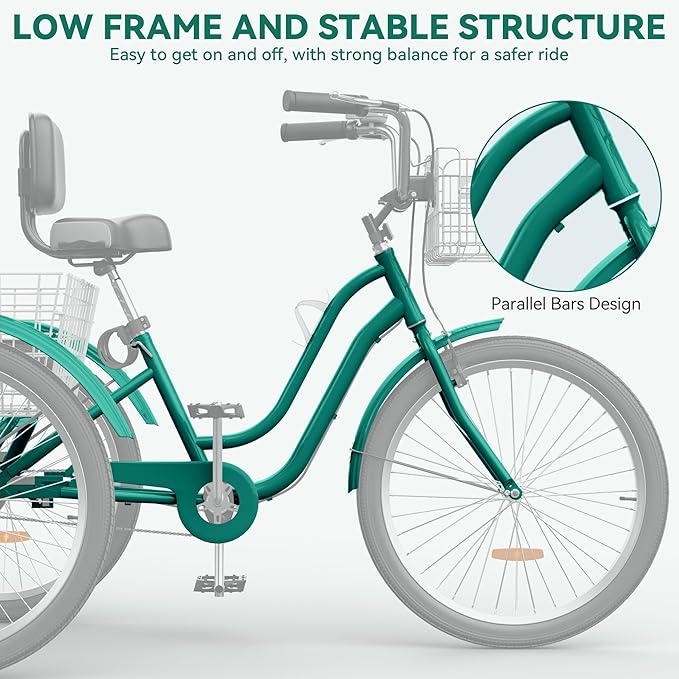 YITAHOME 24 & 26 Inch Adult Tricycle, 1 & 7 Speed 3 Wheel Bikes, Large Seat with Backrest Trike for Adults with Front & Rear Baskets, Cruiser Bike for Seniors Women Men Commute Picnic Outdoor