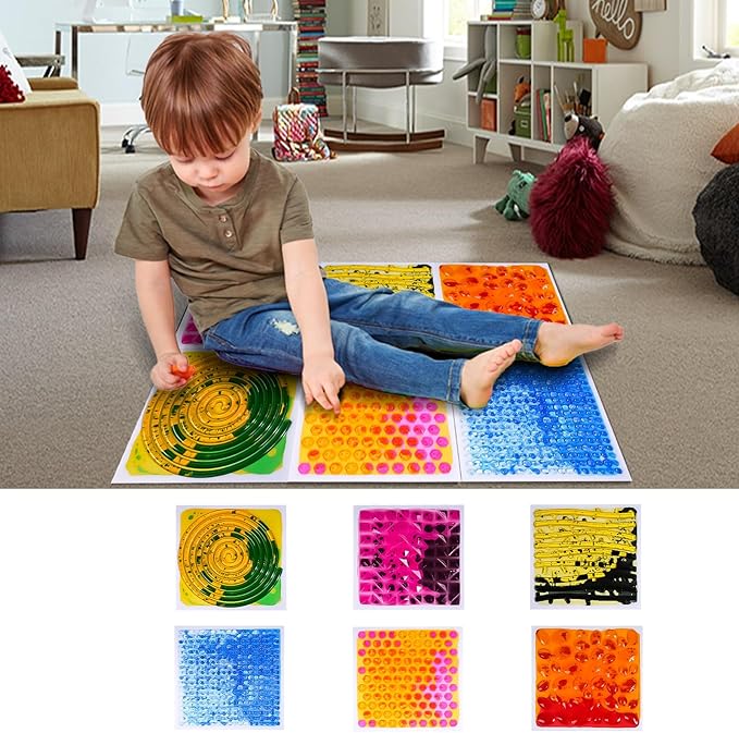 Sensory Floor Lava Tiles: Sensory Liquid Tiles Colorful Liquid Fusion Activity Play Mat, Textured Sensory Lava Mat, for Ages 3 to Adult, Square (Yellow Green) 11.8" X 11.8" Set of 1