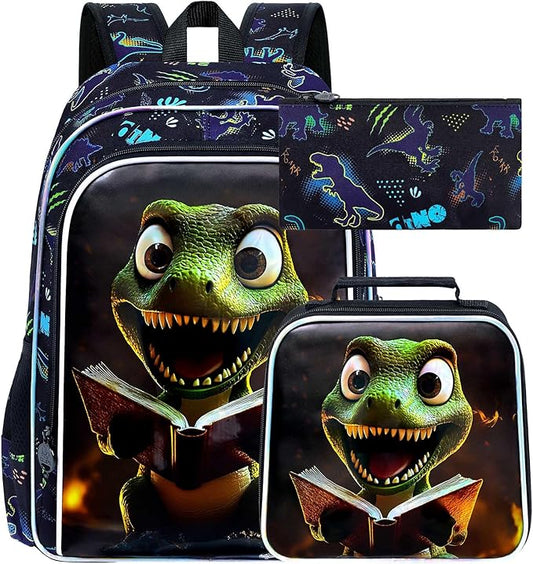 3Pcs Dinosaur Backpack for Boy, 16" Bookbag for Elementary Preschool Kindergarten, Kids School Backpacks with Lunch Box (Black)