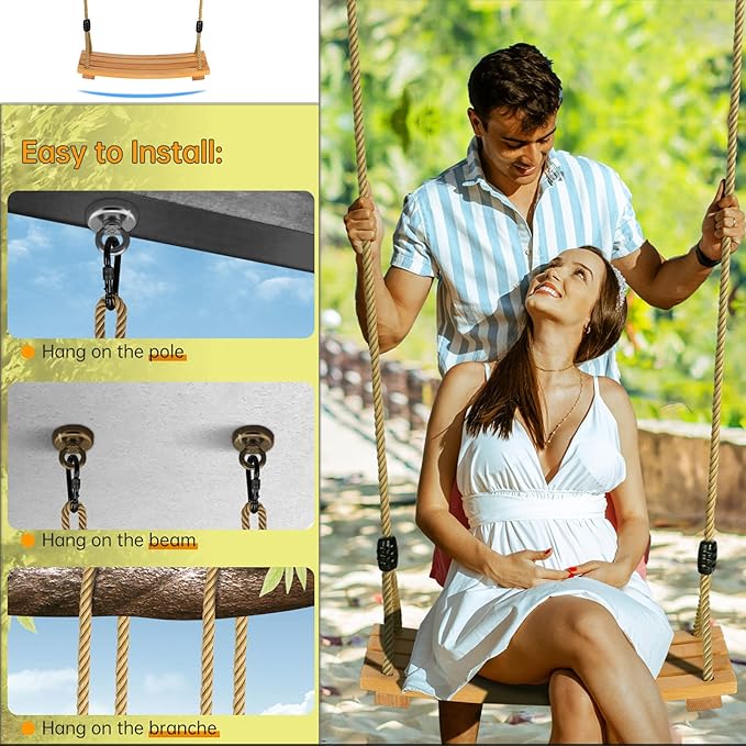 Wooden Tree Swings Tree Swing for Adults Children Kid's Wood Swing Seat with Adjustable Rope 220lbs Load Wooden Swing Set for Indoor Outdoor