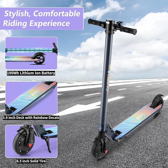 Caroma Electric Scooter for Kids Ages 6-14, 250W Motor Foldable Kids Electric Scooter,160 Mins Ride Time & 3 Speeds (6/10/15 Mph), LED Display & Dual Brake,Best Gift for Girls and Boys