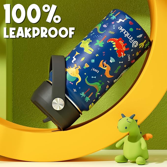 Fimibuke Kids Insulated Water Bottle, 14oz BPA FREE Double Wall Vacuum Tumbler 18/8 Stainless Steel Leak Proof Kids Cups with Straw Metal Water Bottle for School Boy Girl(2 Pack, SPACE/BLUE DINOSAUR)