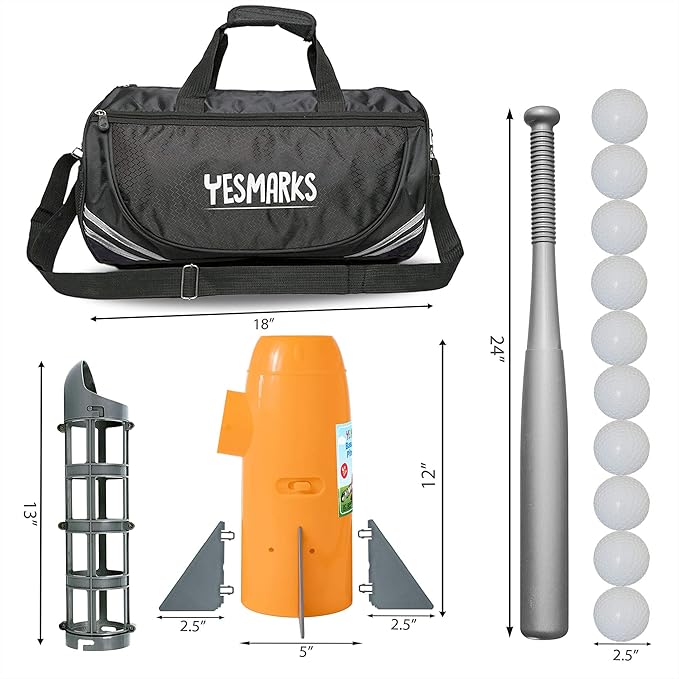 Kids Auto Baseball Pitching Machine Outdoor Toy Set - Training Equipment & Batting Practice Toys for Youth, Includes 10 Baseballs, Baseball Bat and Sports Bag