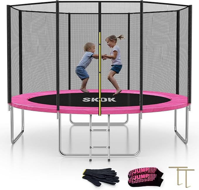 SKOK Trampoline 8FT 10FT 12FT 14FT 15FT Trampolines with Enclosure Net, 400LBS Outdoor Trampolines for Kids with Basketball Hoop-ASTM Approved Trampoline for Children and Adults with Ladder