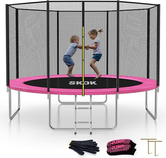 SKOK Trampoline 8FT 10FT 12FT 14FT 15FT Trampolines with Enclosure Net, 400LBS Outdoor Trampolines for Kids with Basketball Hoop-ASTM Approved Trampoline for Children and Adults with Ladder