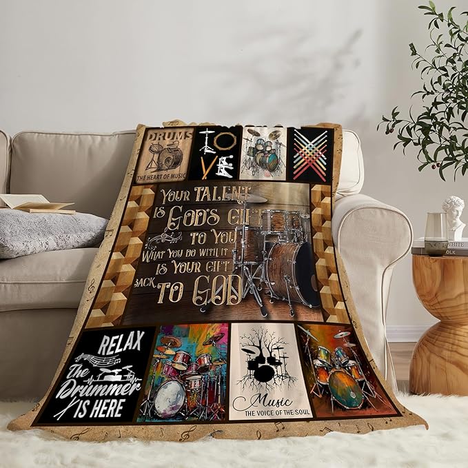 Rock Music Blanket Ultra Soft Cozy Drum Set Kit Throw Blanket Fleece Fuzzy Plush Bedding Vintage Musical Instrument Lovers Gifts for Women Girls Kids Adults 60"x50"