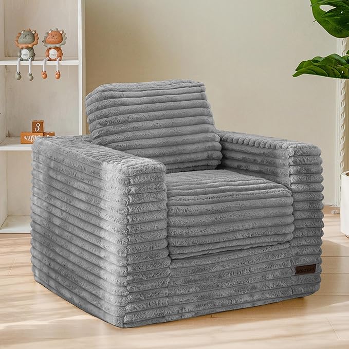 MAXYOYO Kids Bean Bag Chair, Comfy Faux Fur Bean Bag Sofa with Filler, Upholstered Floor Sofa with Pillows and Armrests, Lazy Floor Chair Couch for Boys and Girls, Grey