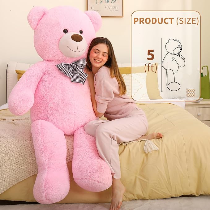 MaoGoLan Giant Pink Teddy Bear Stuffed Animal 5 Feet,Soft Cuddly Smiling Face Big Teddy Bear Plush Gift for Boyfriend Girlfriend