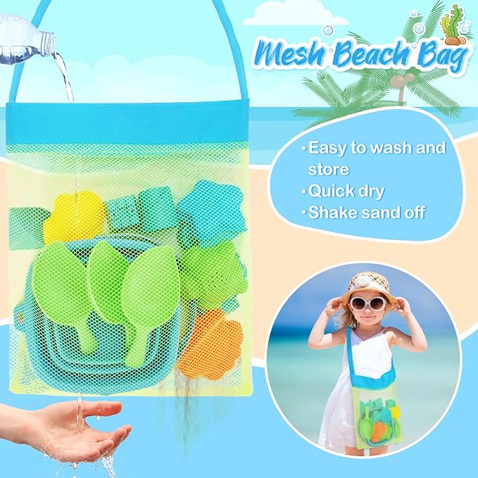 Collapsible Foldable Beach Buckets and Shovels Set - Kids Beach Toys with Mesh Bag & Sand Molds, Silicone Pails for Travel