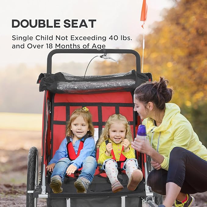 Aosom Elite 360 Swivel Bike Trailer for Kids Double Child Two-Wheel Bicycle Cargo Trailer with 2 Security Harnesses