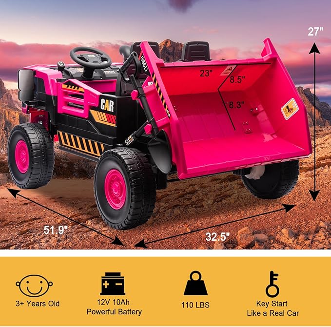 12V 10AH 2-Seater Kids Ride on Truck Electric Toy Car with Electric Dump Bed, Parents Remote Control Kids Car Tractor Toys Ride-on Dump Truck for Boys and Girls Ages 3+, Pink