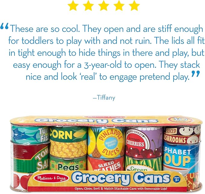 Melissa & Doug Let's Play House, 10 Grocery Cans with Removable Lids, Toy Food & Play Kitchen Accessories, Preschool Learning Toys for Girls & Boys 3+