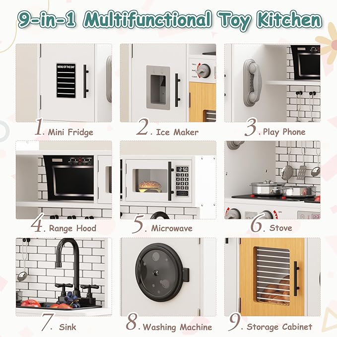 DlandHome Kids Kitchen Playset, Pretend Kitchen Playset with Real Lights & Sounds, Chef Pretend Play Set with Refrigerator, Microwave, Oven, Ideal Toy Gift for Toddlers and Kids Ages 3+