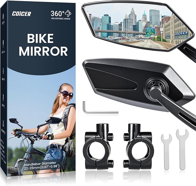 Bike Mirror Handlebar Mount 360° Adjustable 2pcs, Bike Accessories Bicycle Mirrors for Handlebars with Scratch Resistant Glass, E Bike Rear View Mirror for Scooter, Motorcycle