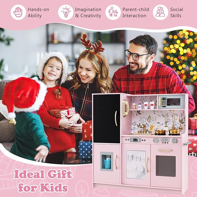 Costzon Kids Kitchen Playset, Wooden Pretend Cooking Toy Set w/Sound, Large Blackboard, Telephone, Microwave, Ice Maker, Dishwasher, Oven, Storage Space, Play Kitchen for Kids Ages 3+ (Light Pink)