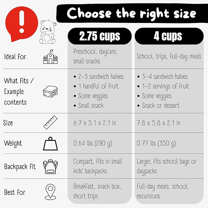 BEARFOOT Kids Lunch Box with Compartments – Compact & Lightweight | Leak-Proof, BPA-Free, Dishwasher & Microwave Safe | Hand-Drawn Design for Preschool, School, Travel (Sticker Black, 2.75 Cups)