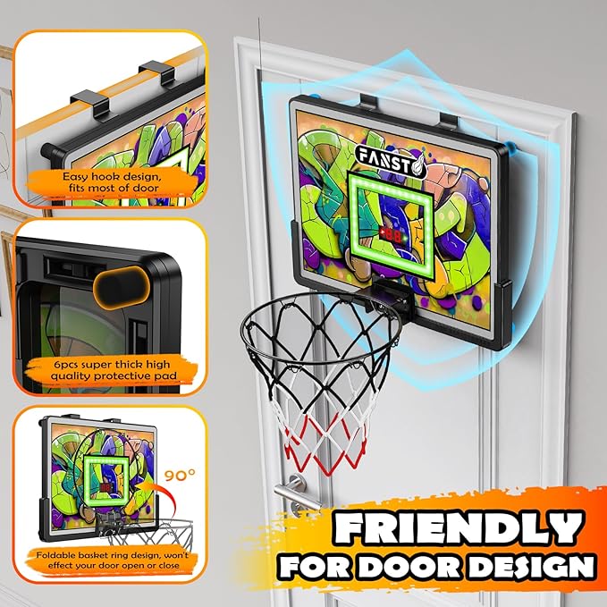 Over The Door Basketball Hoop, Basketballs Hoops Indoor for Kids with LED Cheering, Anti-Impact, 2 Game Mode& Mute Mode, Mini Hoops Door Slam Toy with 4 Ball for 5 6 7 8 9 10 11 12 Old Boys