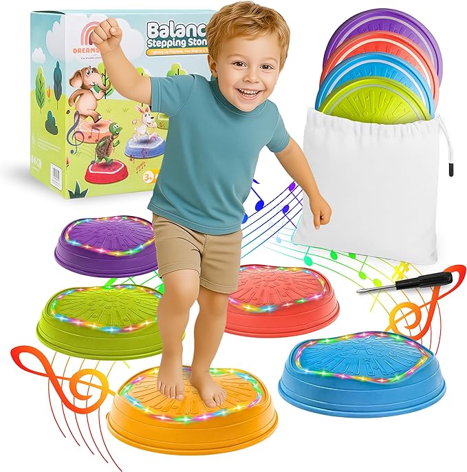 DREAMSCAPE KIDS Glow-in-The-Dark Musical Balance Stepping Stones, 5 pcs, Non-Slip Sensory Toy with Lights & Music, Indoor/Outdoor Montessori Obstacle Course for Toddlers & Kids 3+