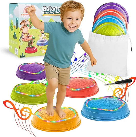DREAMSCAPE KIDS Glow-in-The-Dark Musical Balance Stepping Stones, 5 pcs, Non-Slip Sensory Toy with Lights & Music, Indoor/Outdoor Montessori Obstacle Course for Toddlers & Kids 3+