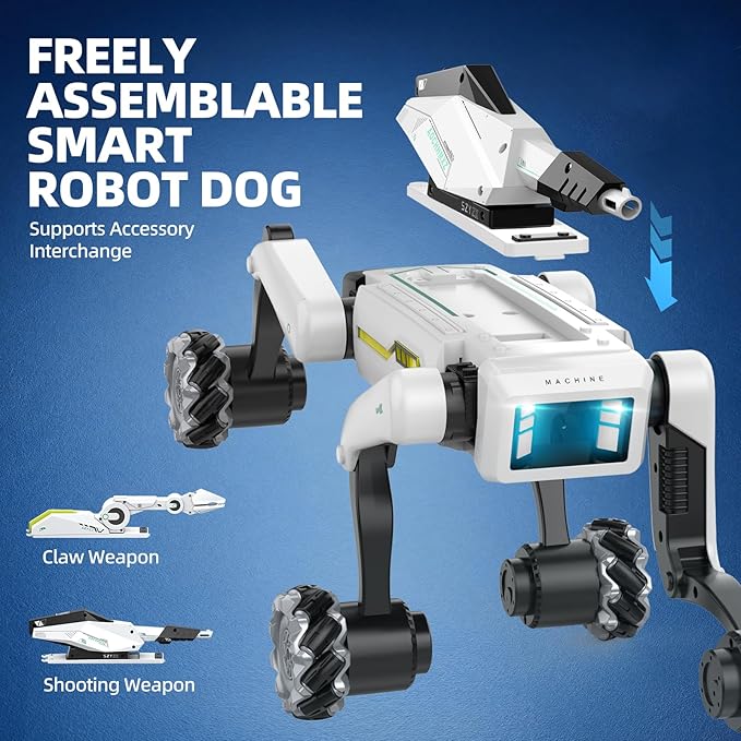 3 in 1 Robot Dog with Wheels Kit, 30+ Bionic Actions, Voice & Remote Control, Programmable Moves, Rechargeable Battery, All-Terrain Stunt Pet Toy for Kids(Removable Claw & Cannon)