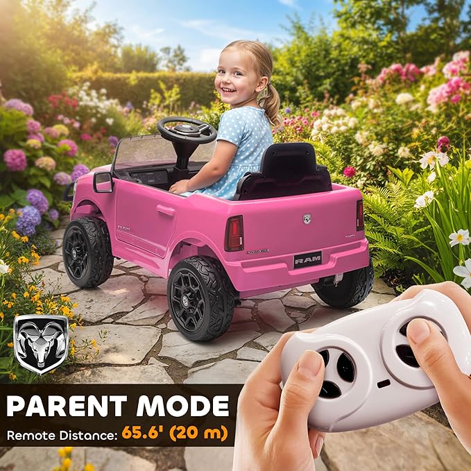 Qaba 12V Kids Ride on Car, Licensed Dodge RAM 3500 Electric Car for Kids with Dual Motors, Parent Remote Control, Rear Suspension, Power Display, Bluetooth Music and LED Lights, Pink