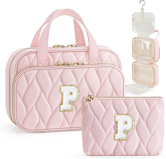 YOOLIFE Hanging Toiletry Bag for Women - Travel Toiletry Bag Makeup Bag, Portable Toiletries Cosmetic Bag, Airplane Travel Essentials - Letter P, Pink