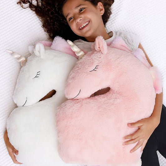 Perfectto Design Set of 2 Decorative Unicorn Pillows for Girls Kids Bed Room - White Pink Fluffy Plush for Baby Girl, Cute Throw Pillows Bedroom Décor, Teepee