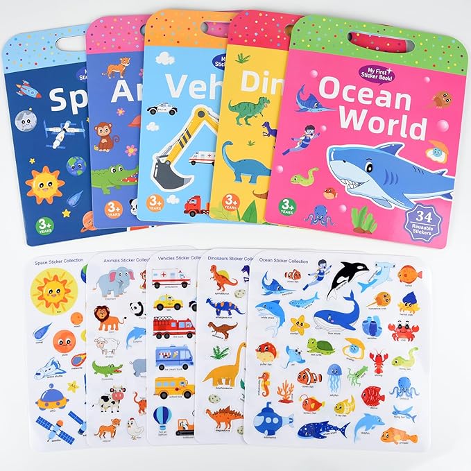 ASTARON 3 Pack Reusable 3D Puffy Sticker Book for Kids 3-6, Jelly Sticker Game Educational Sensory Learning Toy, Travel Toys and Busy Book(Dino Car Animal)