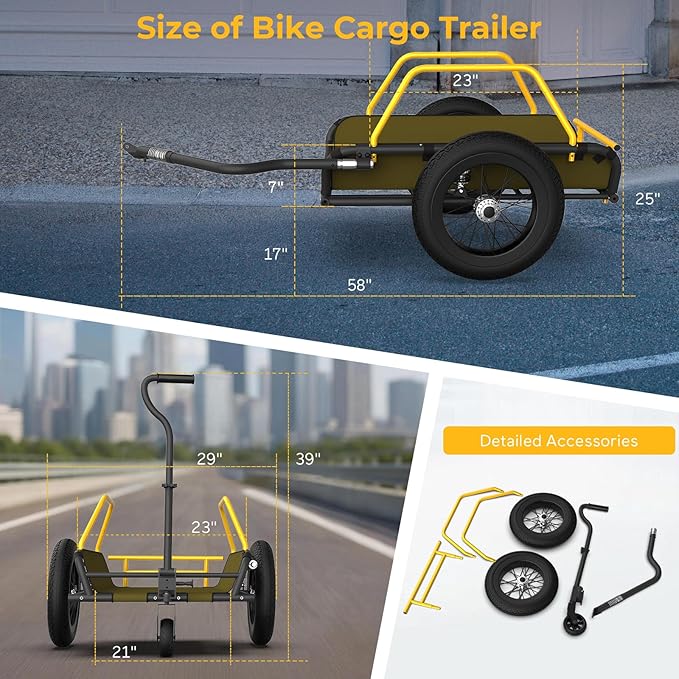 Heavy-Duty Bike Cargo Trailer, 3-in-1 Collapsible Foldable Design with 150lb Capacity Universal Hitch & Removable Caster Dual Shock Absorbers, Quick Release 16" Wheels Bicycle Traile
