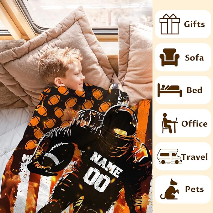 Personalized Blanket for Boys Men, Football Blanket Gift for Football Lovers, Custom Name Sport Blanket for Kids Teens, 50x60 Inches Soft Flannel Throws for Couch Sofa Bed