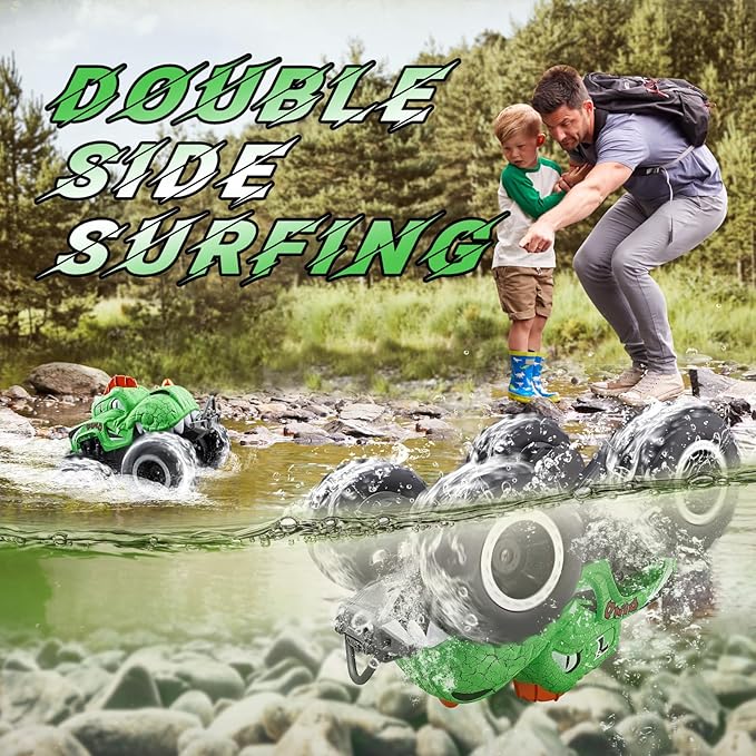 Monster Truck Toys, 1:20 Waterproof Dinosaur Monster Trucks for Boys Age 4-7, 2.4GHz All Terrain RC Cars with 2 Batteries, 360° Rotating Stunt RC Car Toy Birthday Gift for Kids 3-5