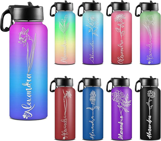 Custom Water Bottle with Birth Month Flower Personalized Water Bottles with Straw Lid Stainless Steel Customized Text Name Double Wall Insulated Cup Birthday Gifts for Kids Women Men Sports