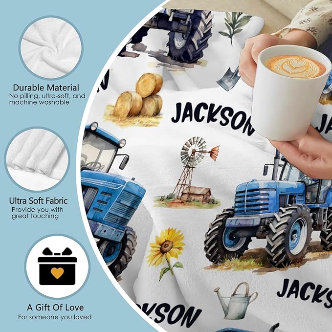 Custom Farm Tractor Blanket with Name Personalized Farm Tractor Blankets for Girls Boys Women Men Customized Blanket Gifts for Birthday 90"x120"for Whole Family