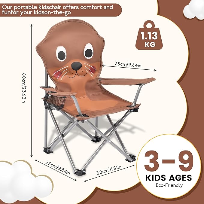XMT Kids Folding Chair with Cup Holder - Portable Lightweight Outdoor & Indoor Chair for Children Ages 3-9, Anti-Slip Base, Sturdy Metal Frame, Compact Foldable Design with Carry Bag (Yellow/Brown)