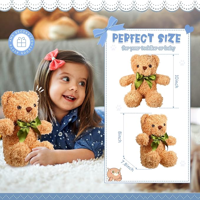 HyDren 18 Pack Bear Stuffed Animal Bulk 10 Inch Small Plush Stuffed Bears Toy with Bow Tie for Baby Shower Birthday Party Favors(Light Brown)
