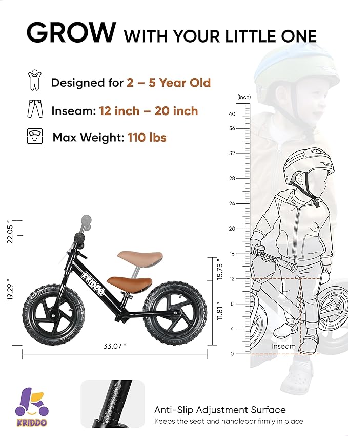 KRIDDO Toddler Balance Bike 2 Year Old,12 Inch Push Bicycle with Customize Plate (3 Sets of Stickers Included), Steady Balancing, Gift Bike for 2-5 Boys Girls, Black