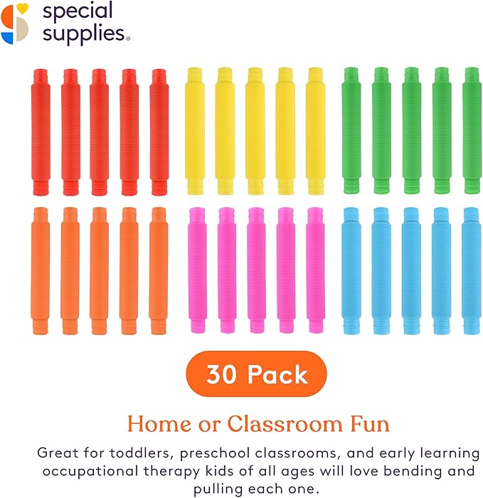 Special Supplies Fun Pull and Stretch Tubes for Kids - Pop, Bend, Build, and Connect Toy, Provide Tactile and Auditory Sensory Play, Colorful, Heavy-Duty Plastic (30-Pack Primary Colors)