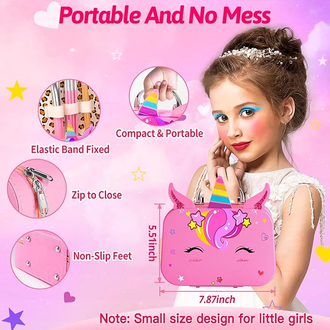 Little Girls Makeup Kit, Pretend Make Up for Kids, Princess Play Makeup Set, Toddler Toy Real Washable Cosmetic Set & Nail Kit Birthday Gift for Ages 3 4 5 6 7 8 9 10-12 Year Old, Bright Pink