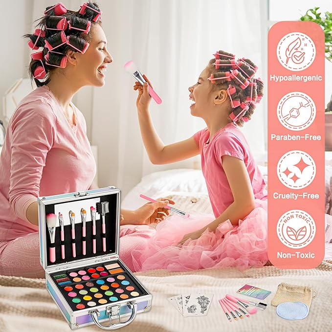 Anpro All-In-One Makeup Kit for Girls 10-12 with Case, Pro Teen Makeup Set, Tween Makeup Kit, Full Starter Make Up Kit with Brushes, Eyeshadow Palette, Blushes, Glitter Gel, Temporary Tattoo Stickers